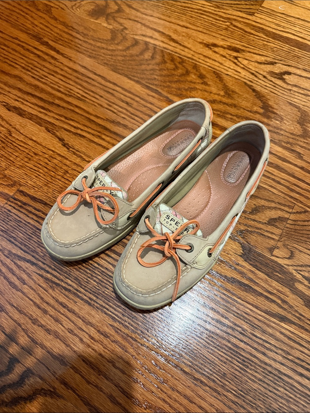 Sperry Tan Boat Shoes with Coral Laces